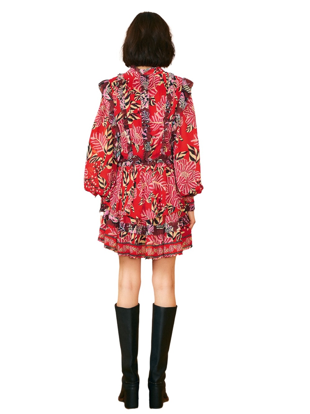 Farm Rio Red Floral Ruffle Long-Sleeve Mini Dress - Picture 4 of 5